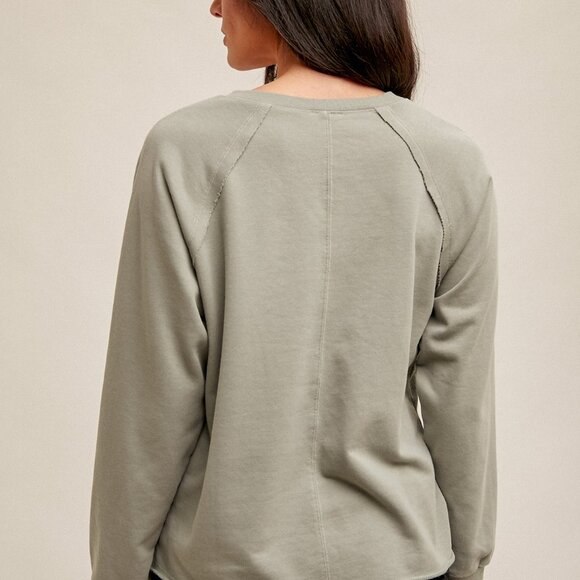 HEM & THREAD Sage Green Raw-Edge V-Neck Long Sleeve Top | Casual Relaxed Fit - Picture 3 of 4